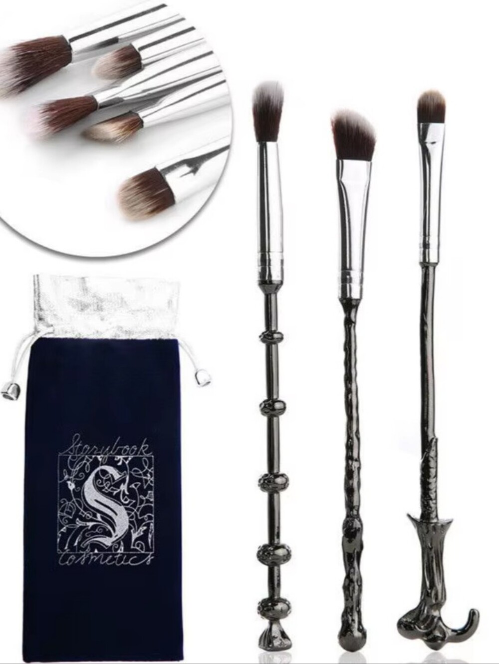 Storybook Wand-Shaped Silver Makeup Brush Set with Velvet Pouch